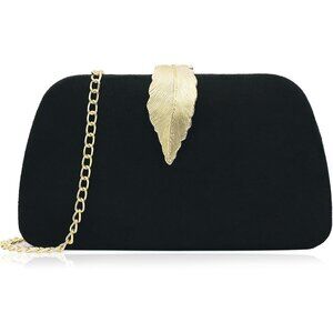 Elegant Black Suede Evening Clutch with Metallic Leaves Clasp – Compact Charm